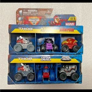 Monster Jam Marvel Mini Monster Trucks 6 in all THOR, WAR MACHINE, ETC.